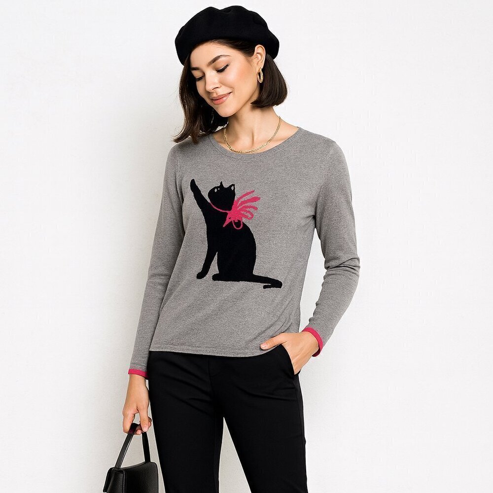 Gray Crew Neck Sweater with Cat Graphic and Pink Accent